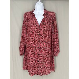 Zara Dress Womens XS Red Floral Mini Flowy Button Oversized Cottage Boho Ruffle